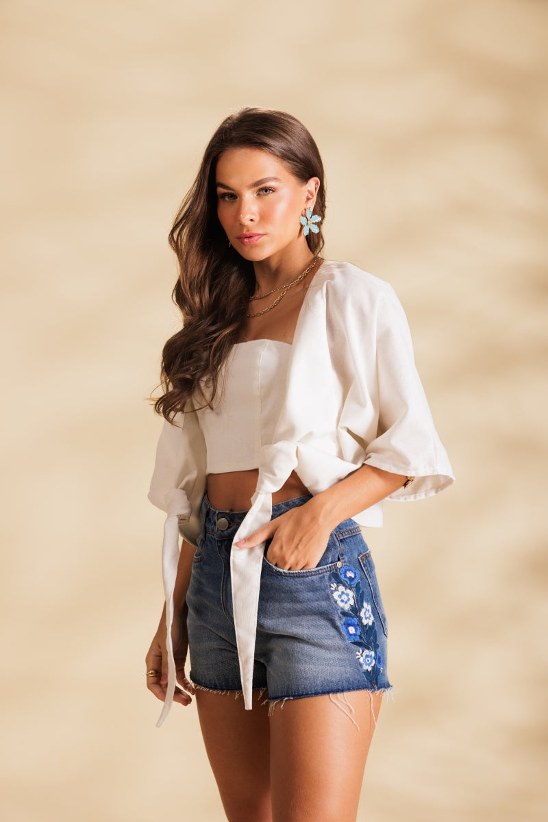 Embroidered Flower Blue Shorts