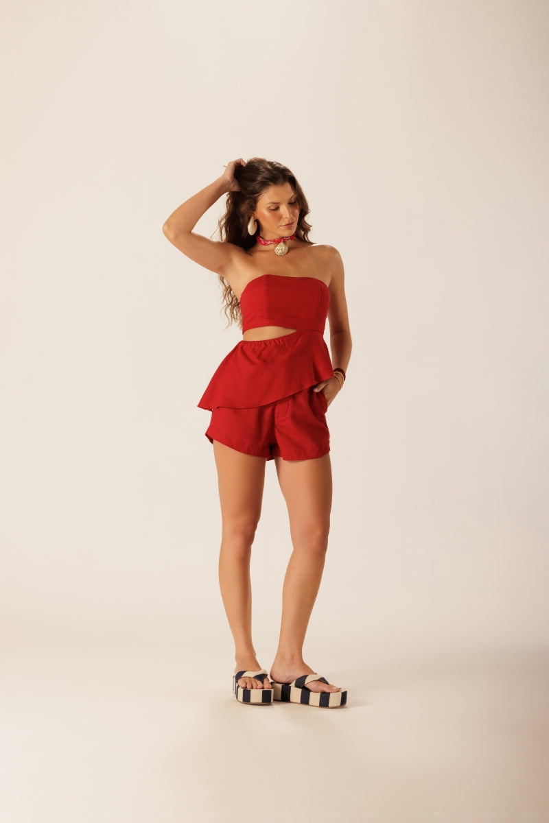Summer Linen Red Peplum Top