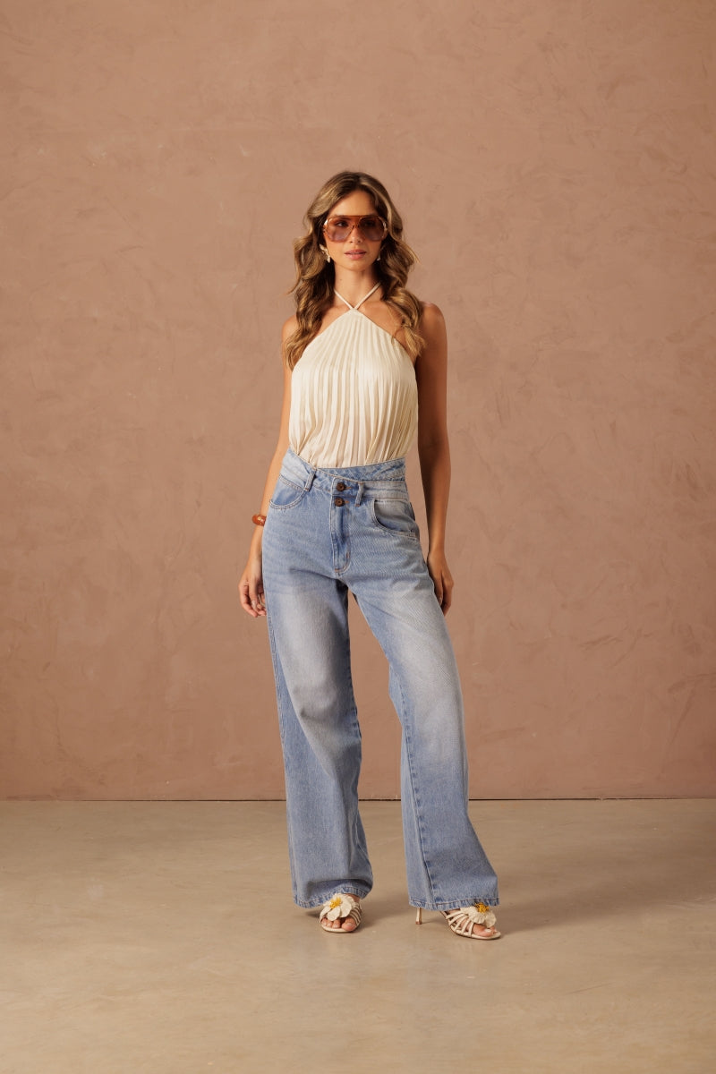 Asymmetric Denim Stripe Pants