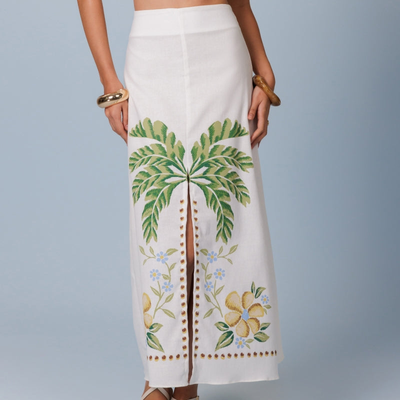 Palm Linen Midi Skirt