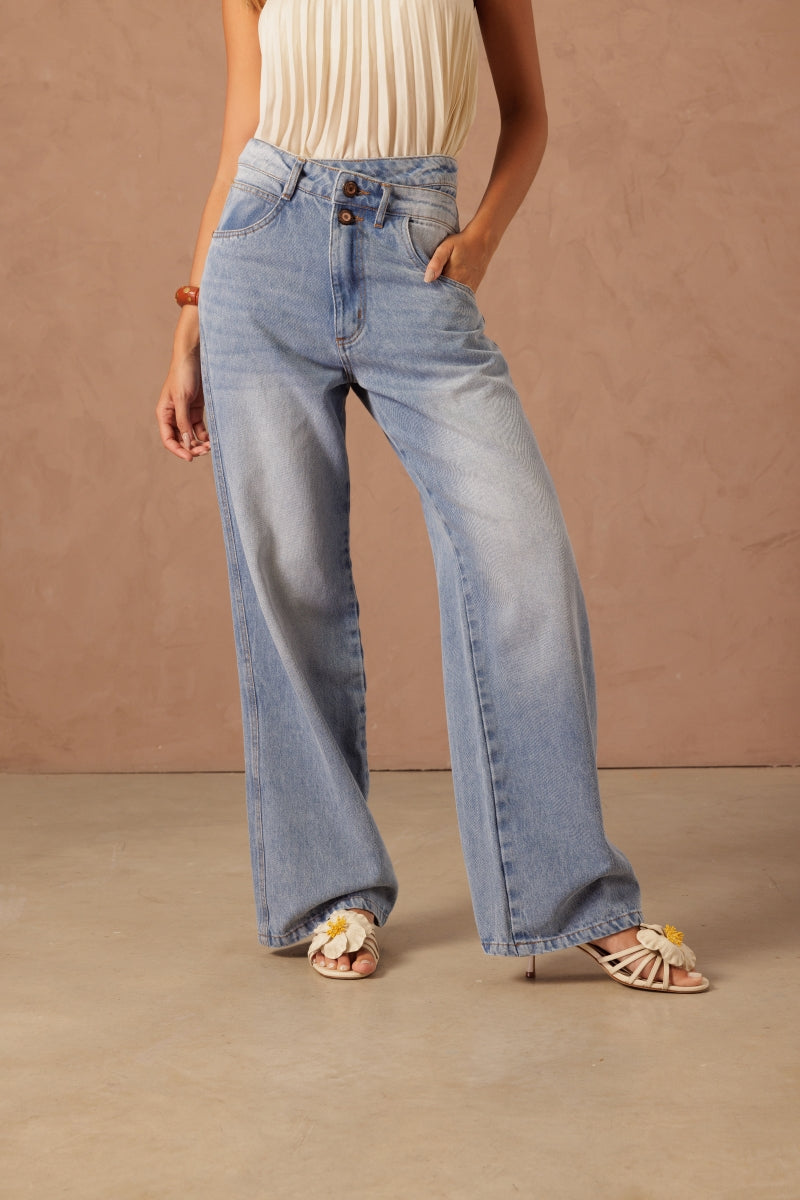 Asymmetric Denim Stripe Pants
